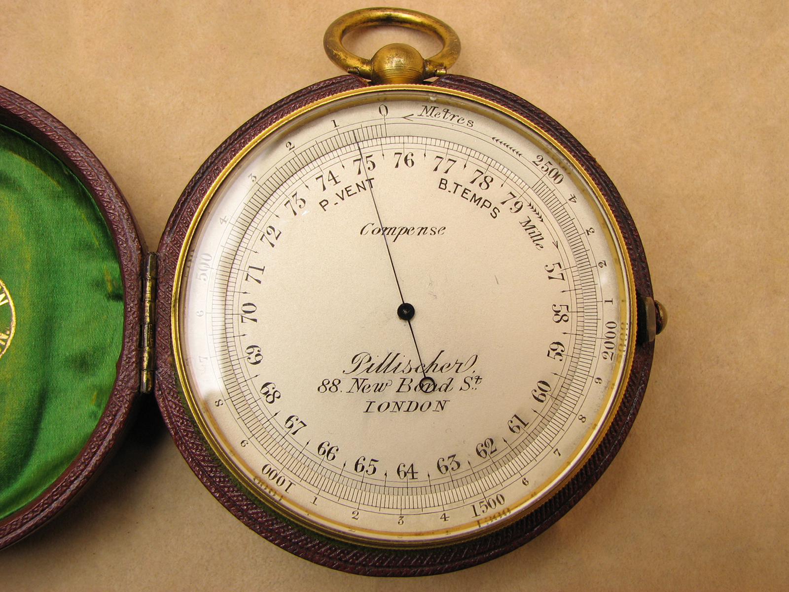 19th century pocket barometer with rare Torr scale, signed Pillischer London